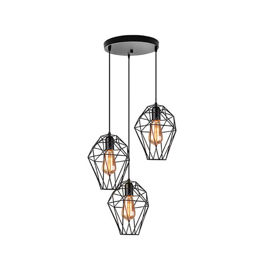 Geometric Vintage Ceiling Pendant Lamp - Metallic Black, Suspended Light with 3 Bulbs, Cage Shade, Round/Linear Canopy