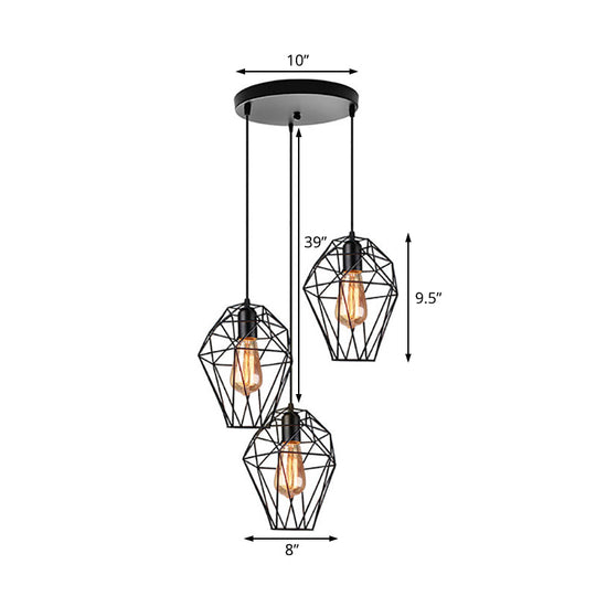 Geometric Vintage Ceiling Pendant Lamp - Metallic Black, Suspended Light with 3 Bulbs, Cage Shade, Round/Linear Canopy