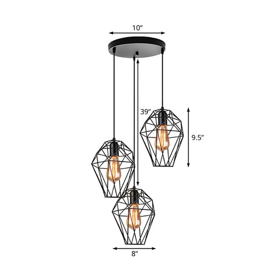 Vintage Geometric Pendant Lamp With Metallic Black Cage Shade And 3-Bulb Suspension For Ceiling