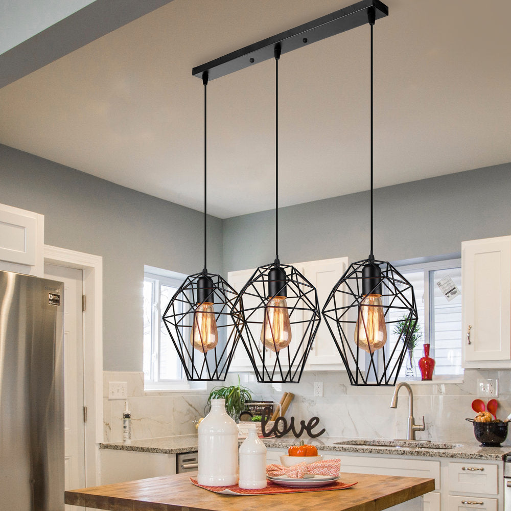 Geometric Vintage Ceiling Pendant Lamp - Metallic Black, Suspended Light with 3 Bulbs, Cage Shade, Round/Linear Canopy