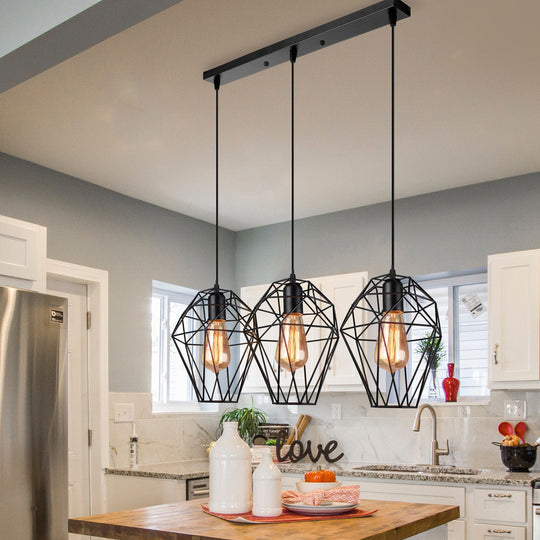 Vintage Geometric Pendant Lamp With Metallic Black Cage Shade And 3-Bulb Suspension For Ceiling