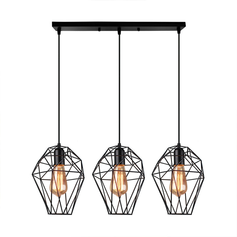 Geometric Vintage Ceiling Pendant Lamp - Metallic Black, Suspended Light with 3 Bulbs, Cage Shade, Round/Linear Canopy