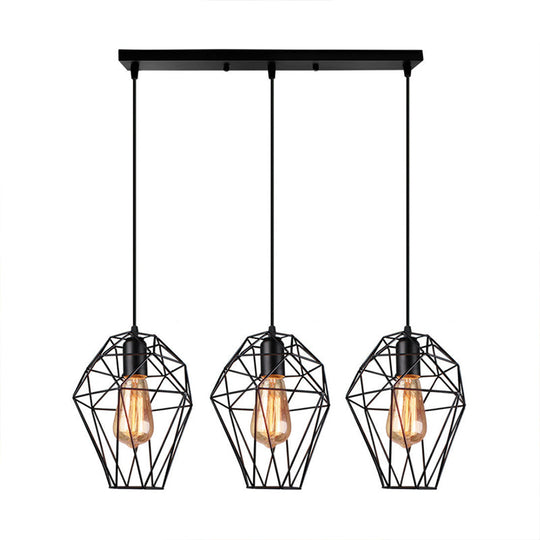 Geometric Vintage Ceiling Pendant Lamp - Metallic Black, Suspended Light with 3 Bulbs, Cage Shade, Round/Linear Canopy