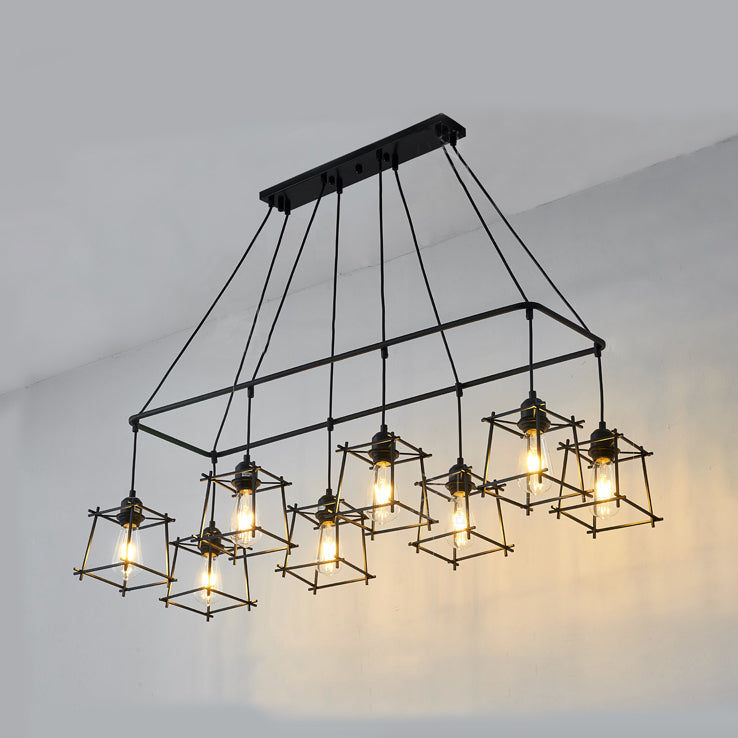 Industrial Style Black/Red Metal Island Pendant Light With 8 Bulbs & Squared Cage Shade