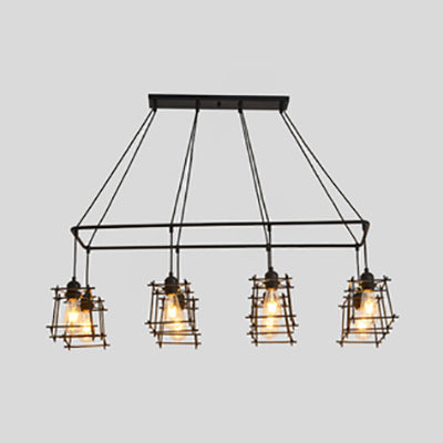 Industrial Style Black/Red Metal Island Pendant Light With 8 Bulbs & Squared Cage Shade Black