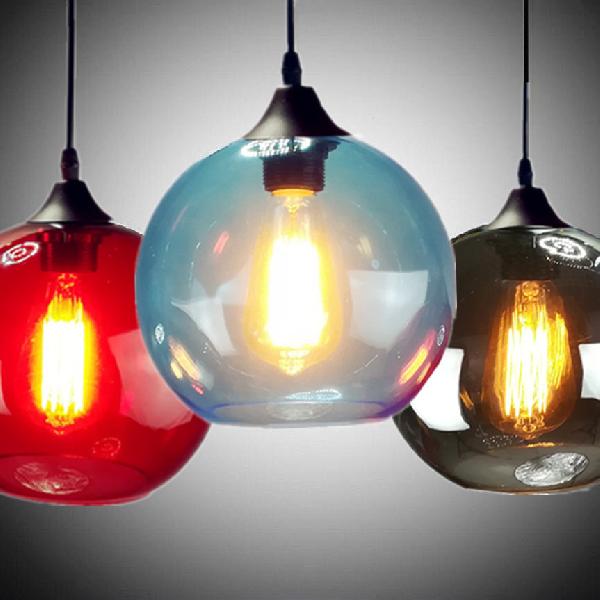 Industrial Pendant Light with Globe Glass Shade in Red, Blue, or Grey - 8"/10" Wide - Black