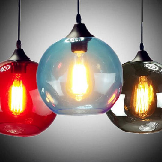 Industrial Globe Pendant Light - 8/10 Wide Grey/Red/Blue Glass Black Hanging Lamp