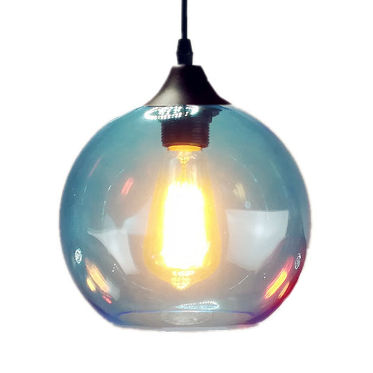 Industrial Pendant Light with Globe Glass Shade in Red, Blue, or Grey - 8"/10" Wide - Black