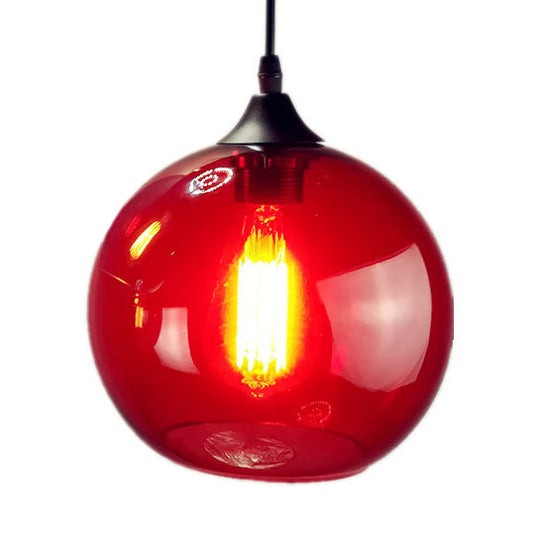 Industrial Globe Pendant Light - 8/10 Wide Grey/Red/Blue Glass Black Hanging Lamp Red / 8