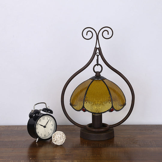 Tiffany Glass Bronze Head Table Lamp - Amber Scallop-Edge Dome Night Light With Scroll Ring Arm