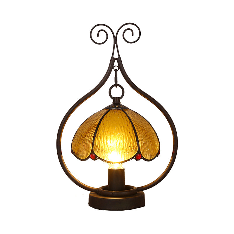 Tiffany Glass Bronze Head Table Lamp - Amber Scallop-Edge Dome Night Light With Scroll Ring Arm