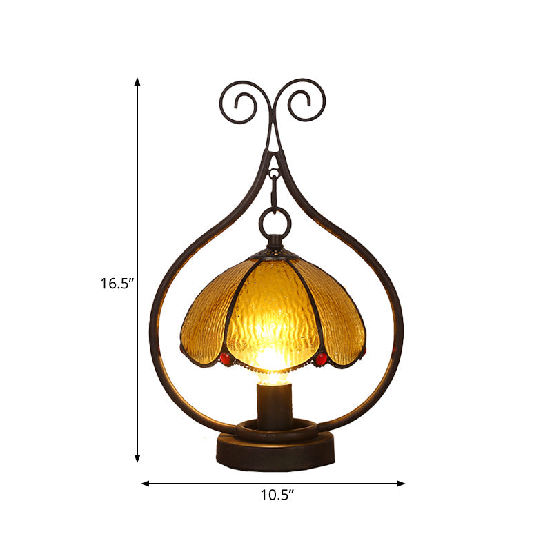 Tiffany Glass Bronze Head Table Lamp - Amber Scallop-Edge Dome Night Light With Scroll Ring Arm