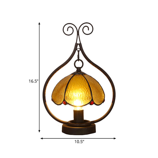 Tiffany Glass Bronze Head Table Lamp - Amber Scallop-Edge Dome Night Light With Scroll Ring Arm