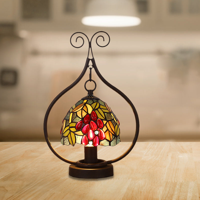 Tiffany Stained Glass Grape Pattern Night Lamp - 1-Light Table Lighting With Bronze Swirl Frame