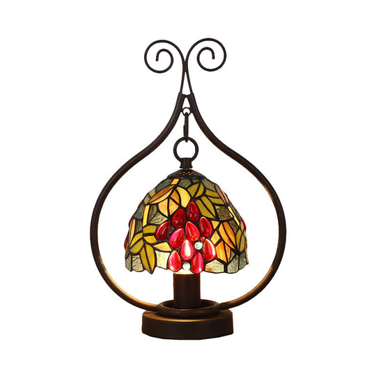 Tiffany Stained Glass Grape Pattern Night Lamp - 1-Light Table Lighting With Bronze Swirl Frame