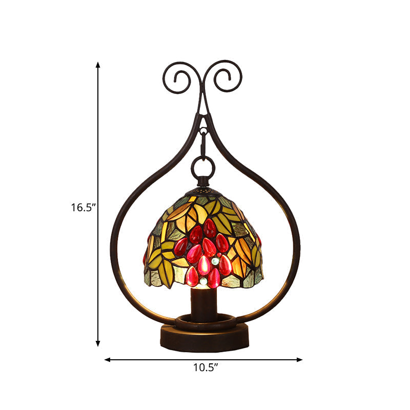 Tiffany Stained Glass Grape Pattern Night Lamp - 1-Light Table Lighting With Bronze Swirl Frame