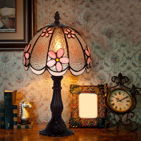 Scalloped-Trim Dome Tiffany Glass Table Lamp With Night Light - White/Coffee Flower Pattern Coffee