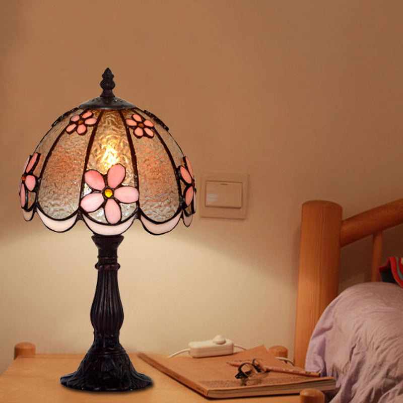 Scalloped-Trim Dome Tiffany Glass Table Lamp With Night Light - White/Coffee Flower Pattern