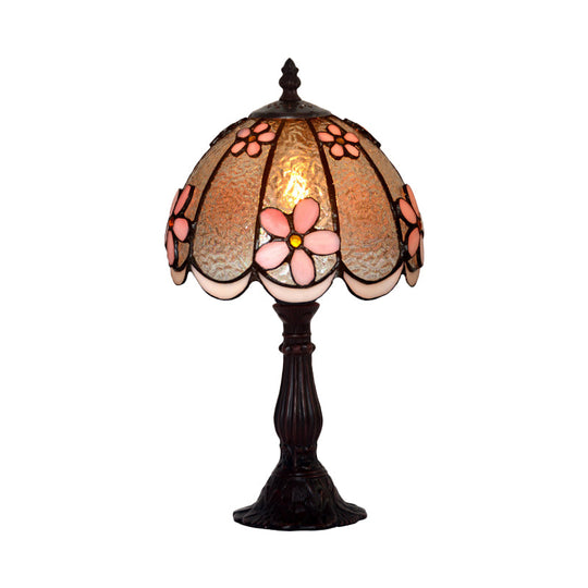 Scalloped-Trim Dome Tiffany Glass Table Lamp With Night Light - White/Coffee Flower Pattern