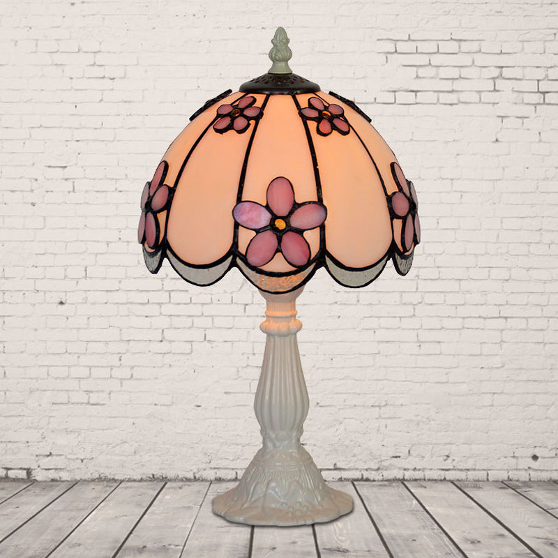 Scalloped-Trim Dome Tiffany Glass Table Lamp With Night Light - White/Coffee Flower Pattern White