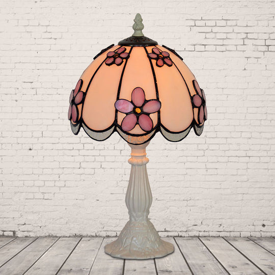 Scalloped-Trim Dome Tiffany Glass Table Lamp With Night Light - White/Coffee Flower Pattern White