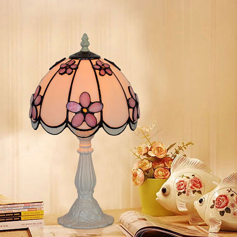 Scalloped-Trim Dome Tiffany Glass Table Lamp With Night Light - White/Coffee Flower Pattern