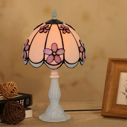 Scalloped-Trim Dome Tiffany Glass Table Lamp With Night Light - White/Coffee Flower Pattern