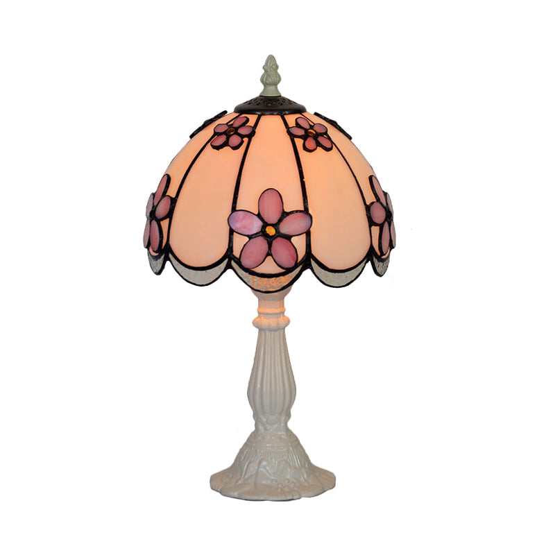 Scalloped-Trim Dome Tiffany Glass Table Lamp With Night Light - White/Coffee Flower Pattern