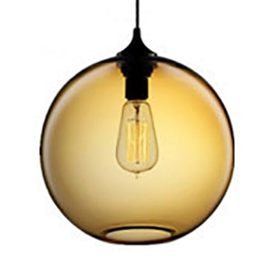 Industrial Globe Pendant Light - 8/10 Wide Grey/Red/Blue Glass Black Hanging Lamp Amber / 8