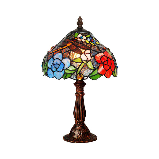 Tiffany Bronze Stained Glass Table Lamp With Peony Pattern - 1-Light Nightstand Lighting