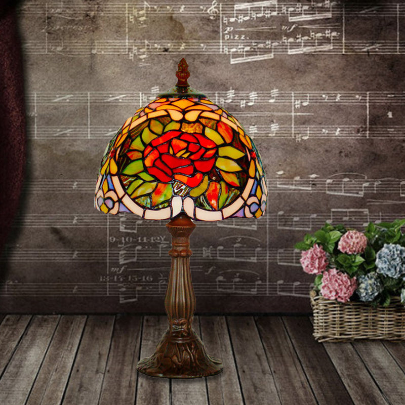 Rose Blossom Stained Glass Night Lamp - Tiffany-Style Bronze Finish Bedroom Table Light