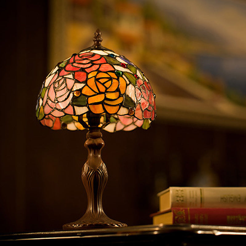 1-Head Stained Glass Tiffany Table Lamp With Bowl Shade - Rosebush Nightstand Light In Bronze