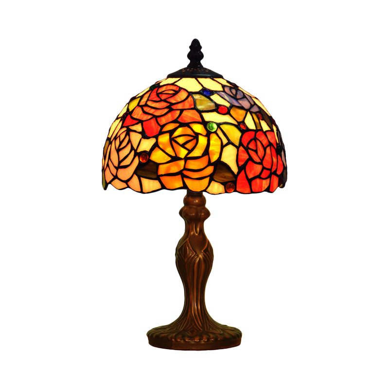 1-Head Stained Glass Tiffany Table Lamp With Bowl Shade - Rosebush Nightstand Light In Bronze