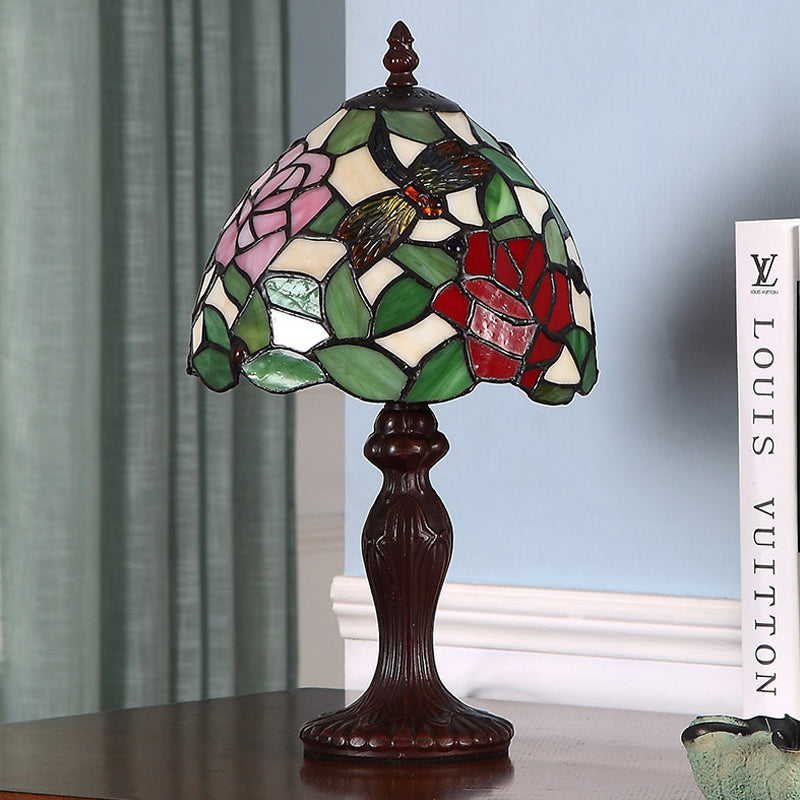 Dark Brown Stained Glass Dragonfly And Rose Night Light Table Lamp