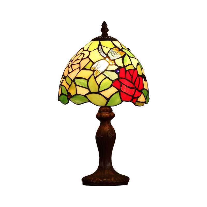 Dark Brown Stained Glass Dragonfly And Rose Night Light Table Lamp