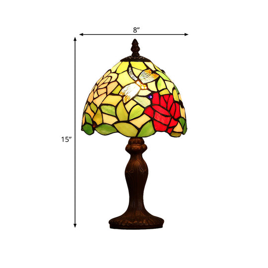 Dark Brown Stained Glass Dragonfly And Rose Night Light Table Lamp