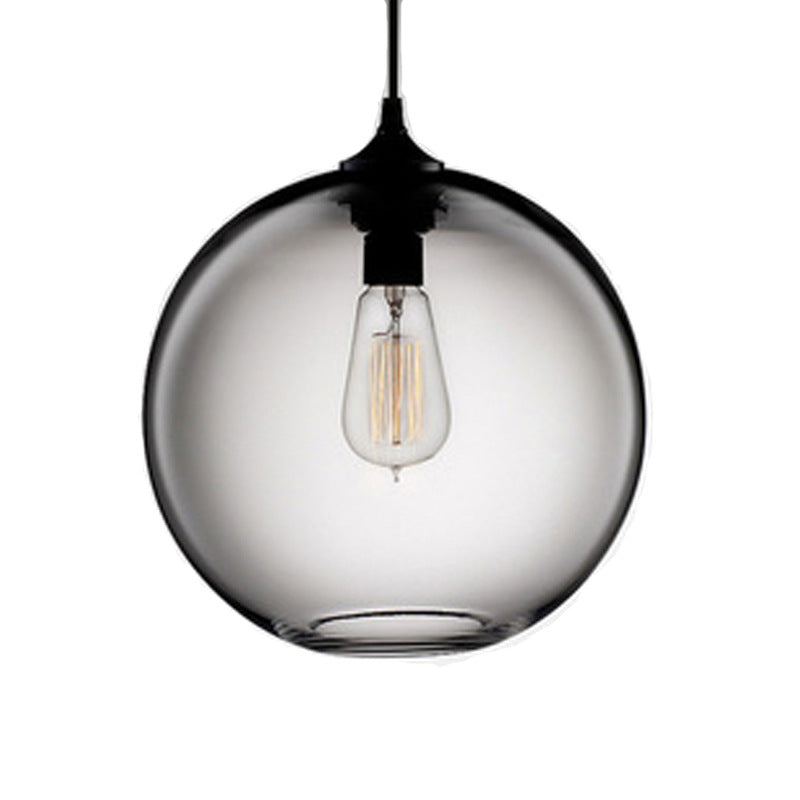 Industrial Globe Pendant Light - 8/10 Wide Grey/Red/Blue Glass Black Hanging Lamp Grey / 8