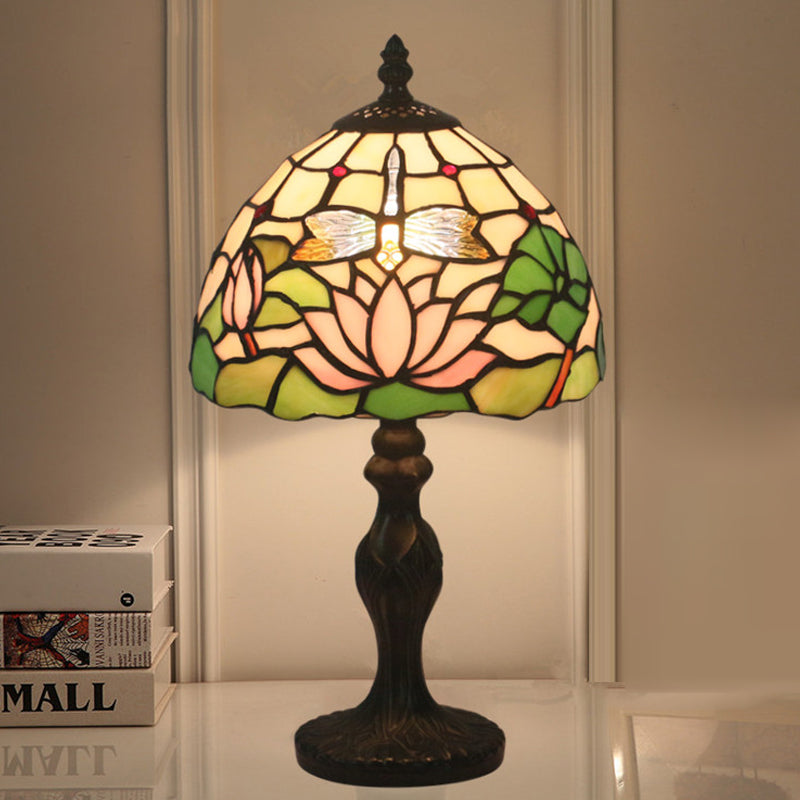 Lotus Pattern Tiffany Cut Glass Table Lamp - 1-Light Dark Brown Nightstand Lighting