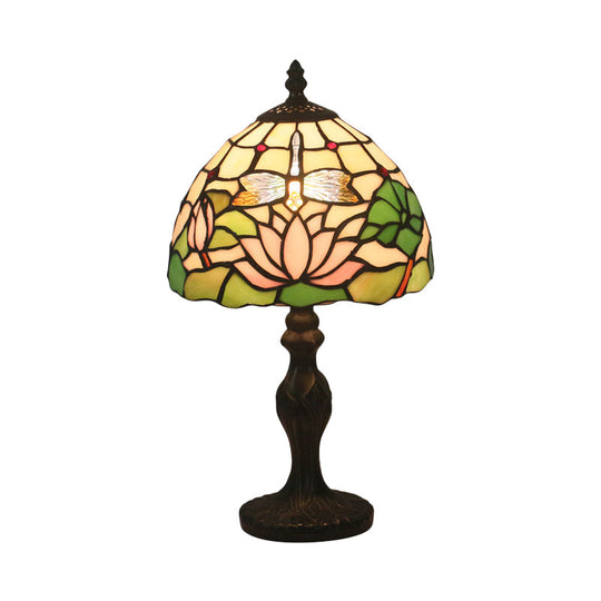 Lotus Pattern Tiffany Cut Glass Table Lamp - 1-Light Dark Brown Nightstand Lighting