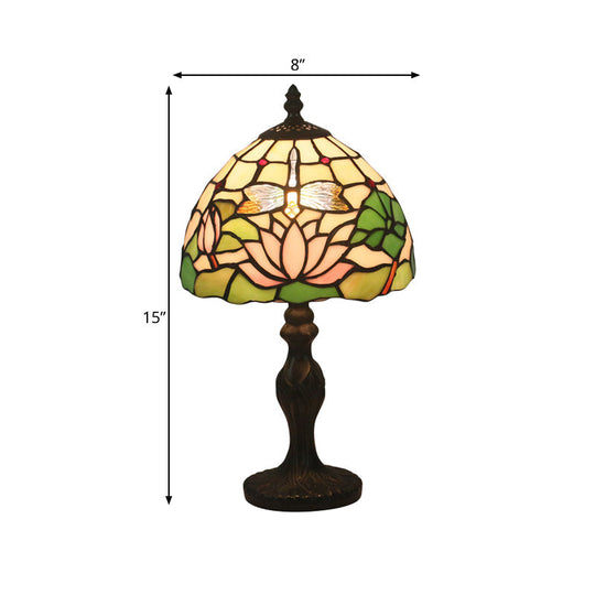 Lotus Pattern Tiffany Cut Glass Table Lamp - 1-Light Dark Brown Nightstand Lighting