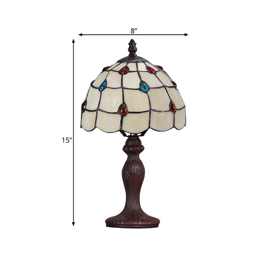 Tiffany Style Dark Brown Stained Glass Table Lamp With Jewel-Embellished Scalloped Shade