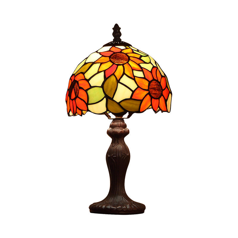 Dome-Shaped Sunflower Patterned Tiffany Table Lamp In Dark Brown