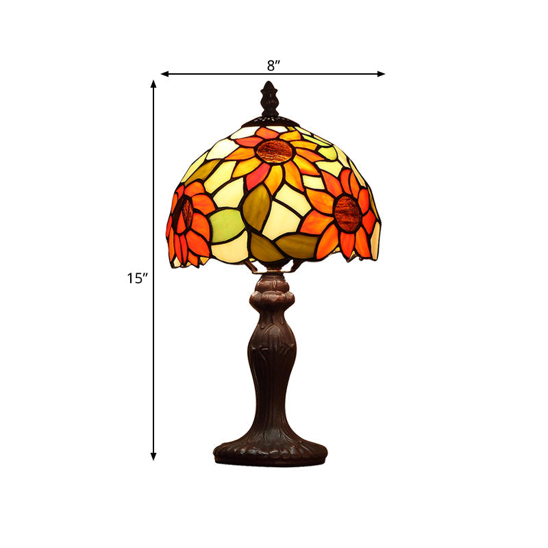 Dome-Shaped Sunflower Patterned Tiffany Table Lamp In Dark Brown