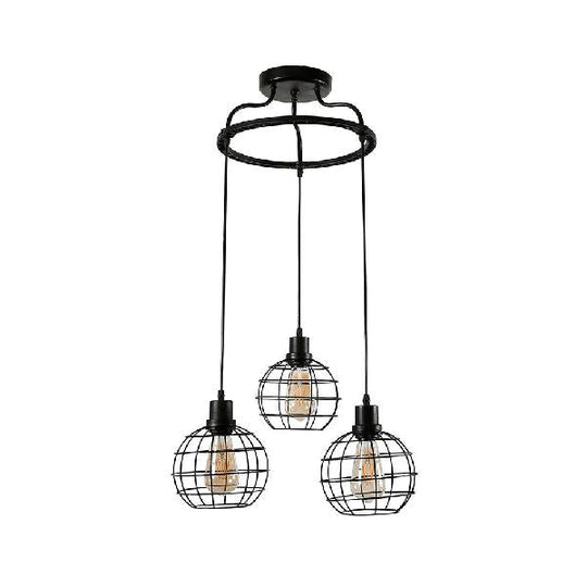 Vintage Black Wire Cage Ceiling Light with Globe Shade, 3/4/5 Head Options