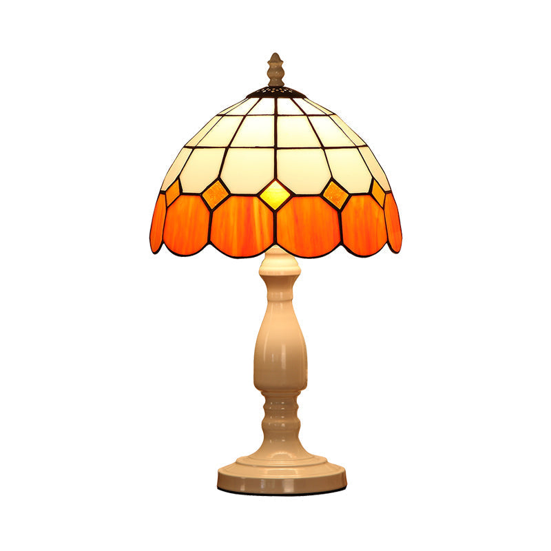 Baroque Gridded Dome Shade Orange-White Stained Glass Night Light