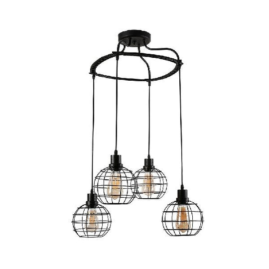 Vintage Black Wire Cage Ceiling Light with Globe Shade, 3/4/5 Head Options