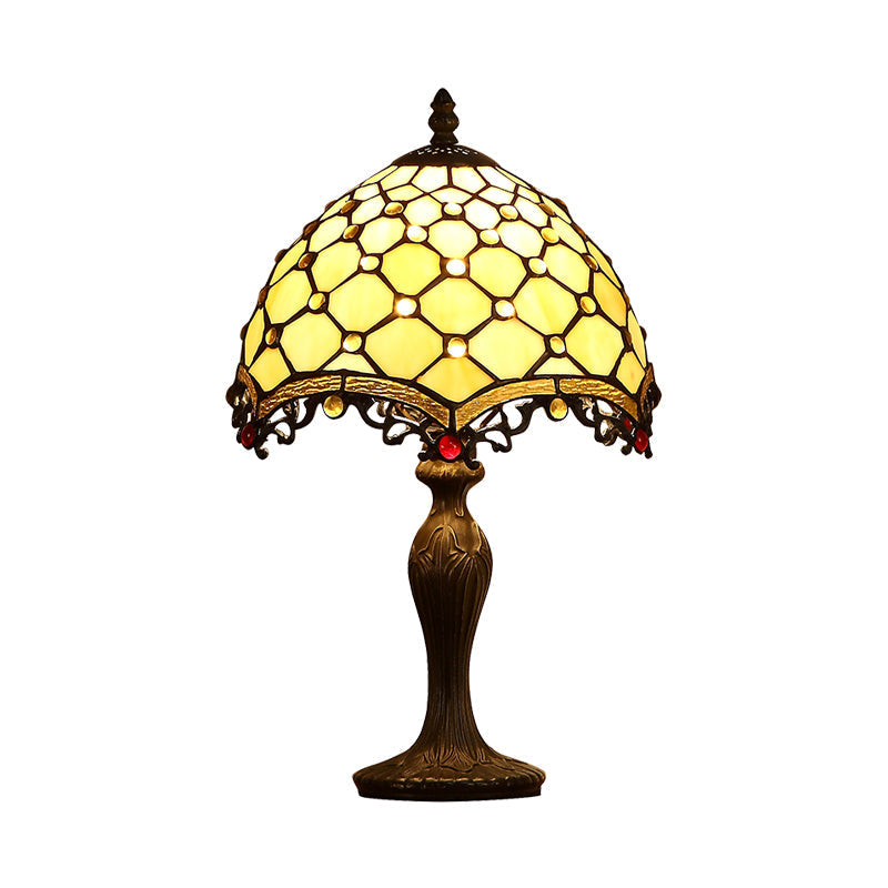 Wave-Trim Fishscale Table Lamp - Tan Glass Baroque Nightstand Light In Dark Brown