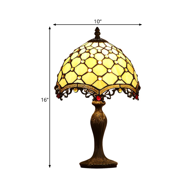 Wave-Trim Fishscale Table Lamp - Tan Glass Baroque Nightstand Light In Dark Brown