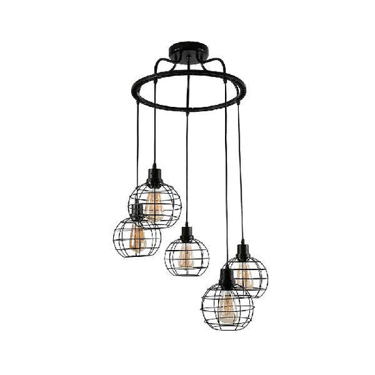 Vintage Black Wire Cage Ceiling Light with Globe Shade, 3/4/5 Head Options