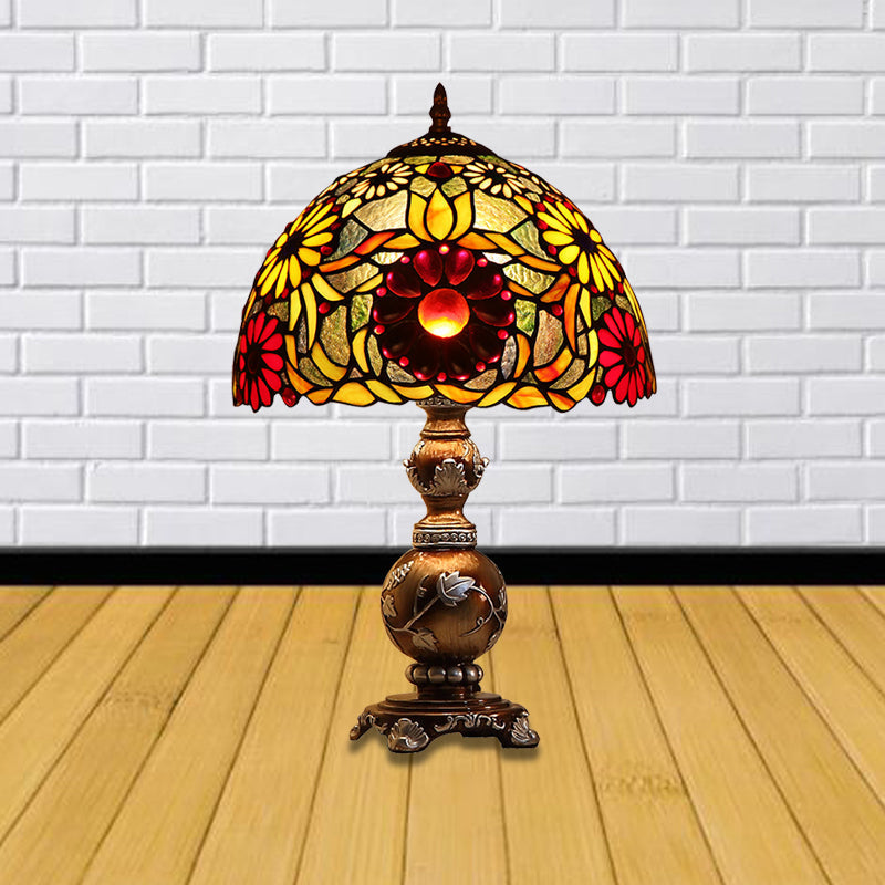 Chrysanths Tiffany Stained Glass Table Lamp - Brown Night Stand Light With Dome Shade